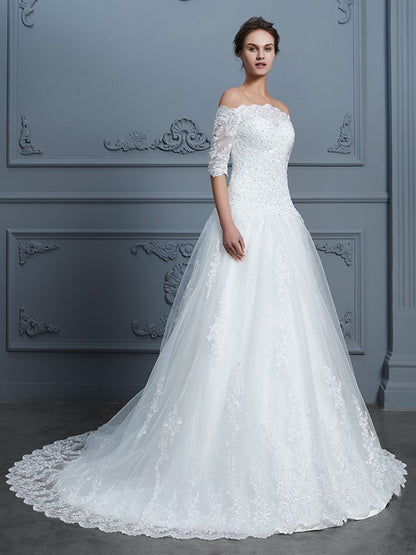 Ball Gown Off-the-Shoulder 1/2 Sleeves Beading Court Train Lace Wedding Dresses