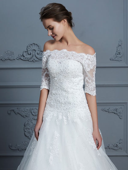 Ball Gown Off-the-Shoulder 1/2 Sleeves Beading Court Train Lace Wedding Dresses