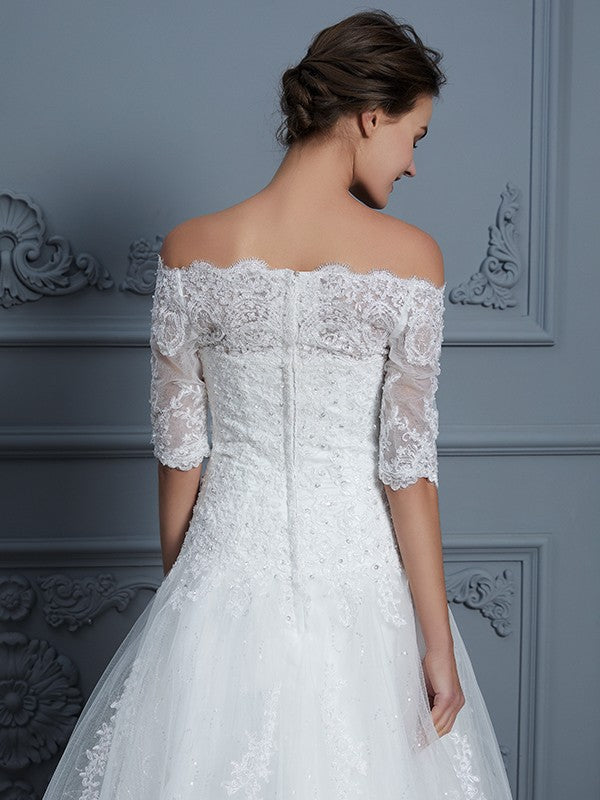 Ball Gown Off-the-Shoulder 1/2 Sleeves Beading Court Train Lace Wedding Dresses