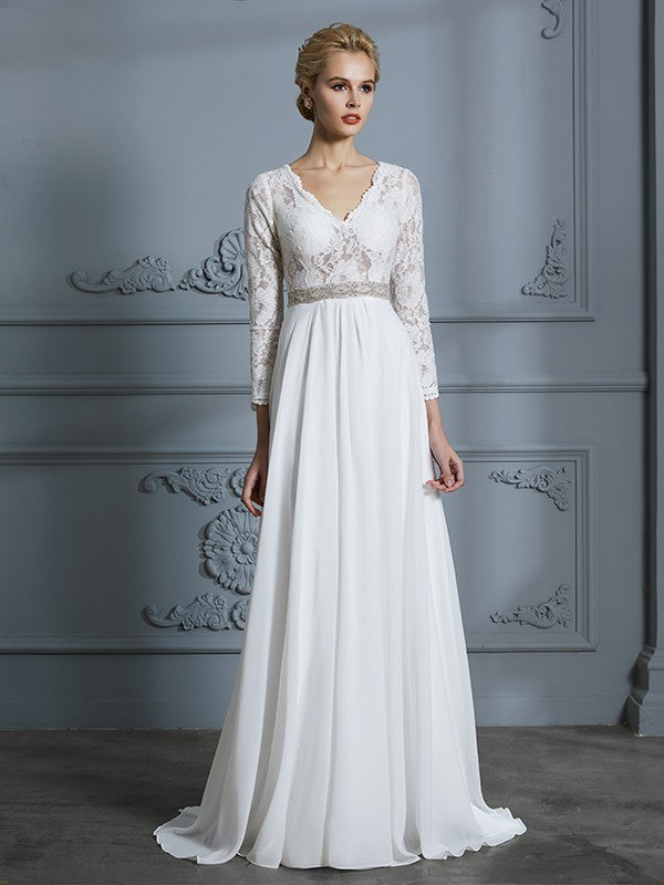 A-Line/Princess 3/4 Sleeves V-neck Lace Sweep/Brush Train Chiffon Wedding Dresses