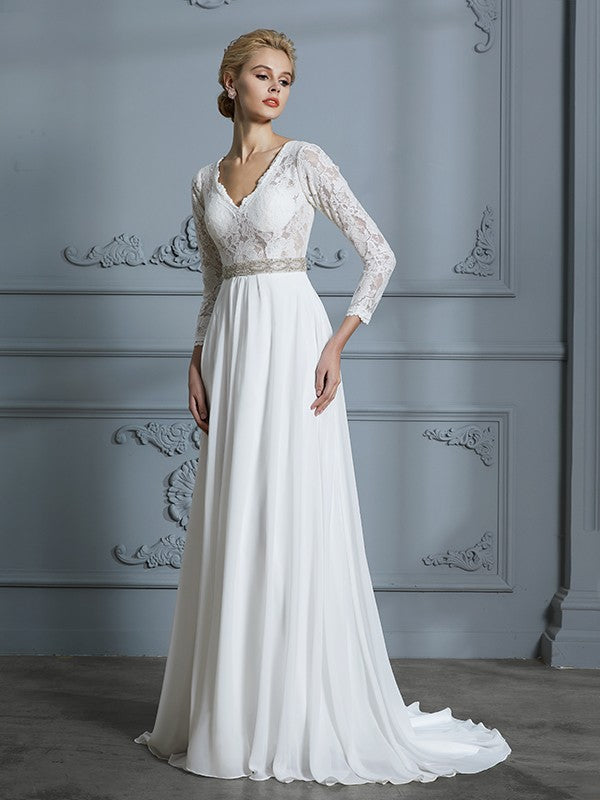 A-Line/Princess 3/4 Sleeves V-neck Lace Sweep/Brush Train Chiffon Wedding Dresses