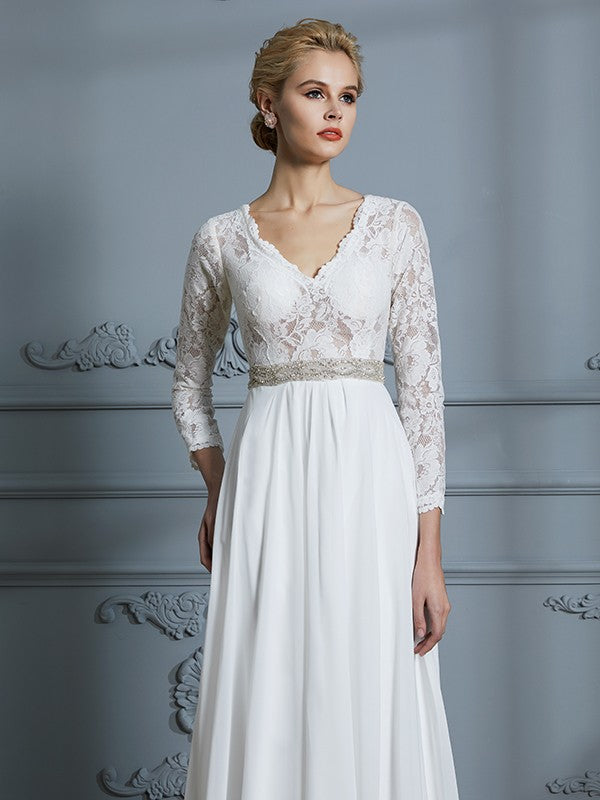 A-Line/Princess 3/4 Sleeves V-neck Lace Sweep/Brush Train Chiffon Wedding Dresses