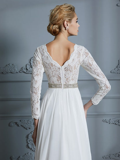 A-Line/Princess 3/4 Sleeves V-neck Lace Sweep/Brush Train Chiffon Wedding Dresses