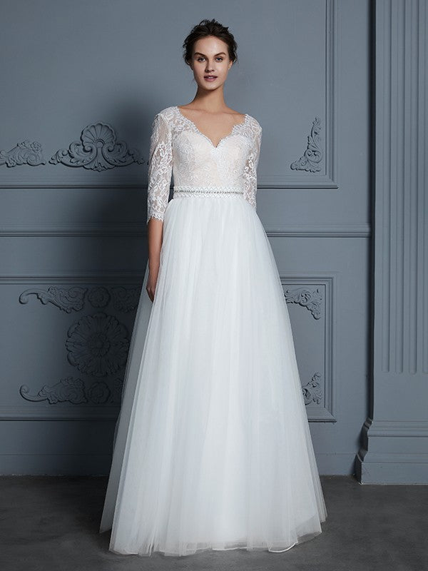 A-Line/Princess V-neck 3/4 Sleeves Floor-Length Lace Tulle Wedding Dresses