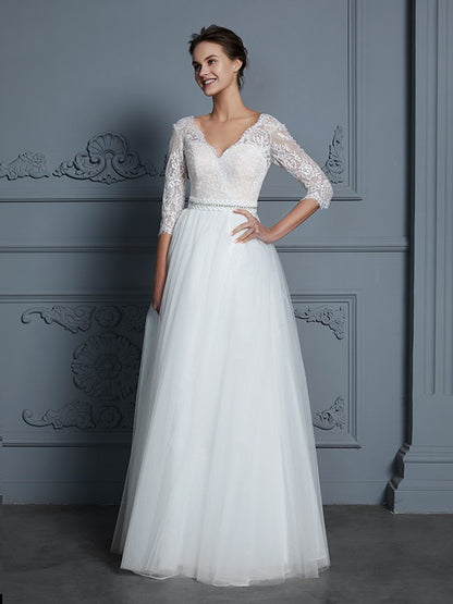 A-Line/Princess V-neck 3/4 Sleeves Floor-Length Lace Tulle Wedding Dresses