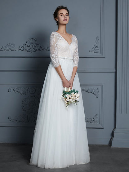 A-Line/Princess V-neck 3/4 Sleeves Floor-Length Lace Tulle Wedding Dresses