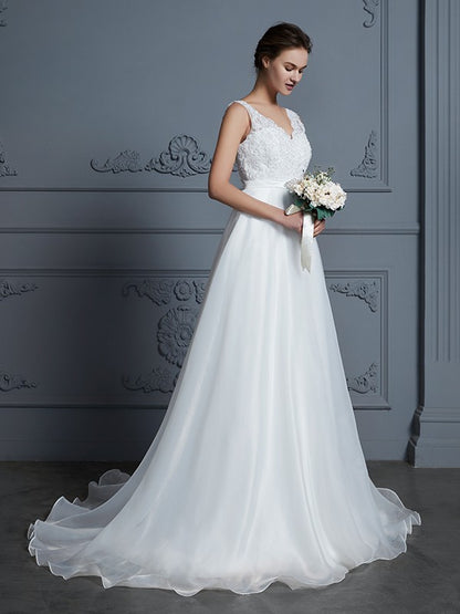 A-Line/Princess V-neck Sleeveless Floor-Length Organza Wedding Dresses