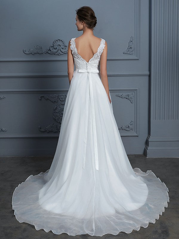 A-Line/Princess V-neck Sleeveless Floor-Length Organza Wedding Dresses