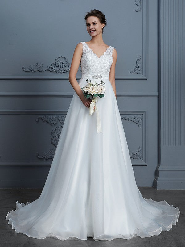 A-Line/Princess V-neck Sleeveless Floor-Length Organza Wedding Dresses