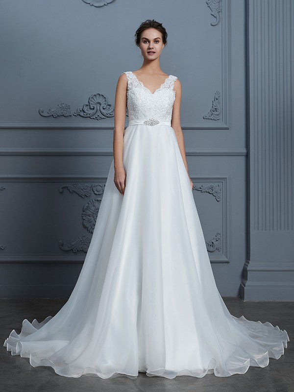 A-Line/Princess V-neck Sleeveless Floor-Length Organza Wedding Dresses