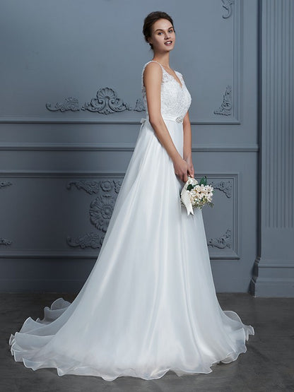 A-Line/Princess V-neck Sleeveless Floor-Length Organza Wedding Dresses