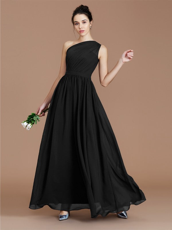 A-Line/Princess One-Shoulder Sleeveless Ruched Floor-Length Chiffon Bridesmaid Dresses