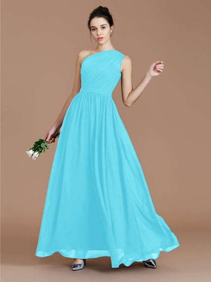 A-Line/Princess One-Shoulder Sleeveless Ruched Floor-Length Chiffon Bridesmaid Dresses