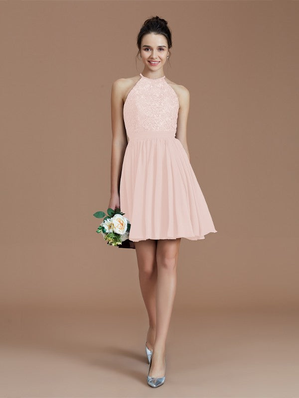 A-Line/Princess Halter Sleeveless Lace Short/Mini Chiffon Bridesmaid Dresses