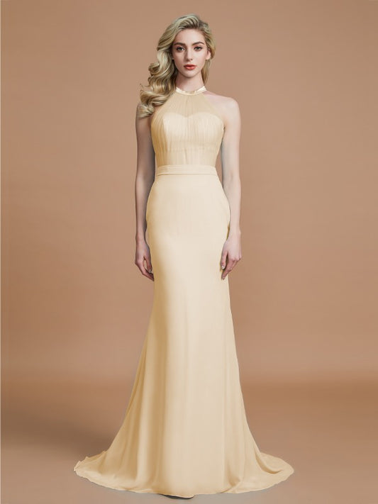 Trumpet/Mermaid Sleeveless Scoop Sweep/Brush Train Chiffon Bridesmaid Dresses