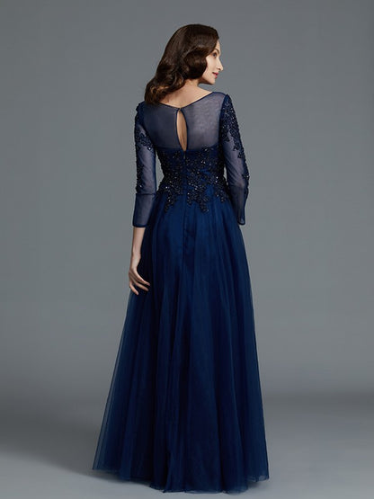 A-Line/Princess Long Sleeves Scoop Beading Floor-Length Tulle Mother of the Bride Dresses