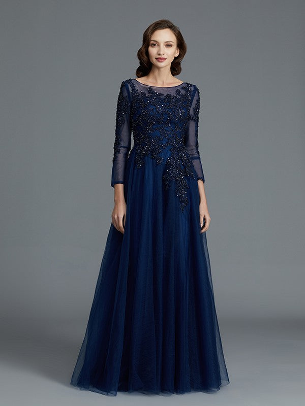 A-Line/Princess Long Sleeves Scoop Beading Floor-Length Tulle Mother of the Bride Dresses