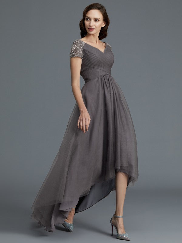 A-Line/Princess V-neck Short Sleeves Asymmetrical Tulle Mother of the Bride Dresses