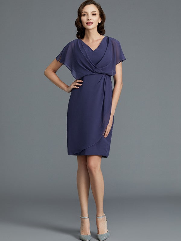 Sheath/Column V-neck Short Sleeves Chiffon Knee-Length Mother of the Bride Dresses