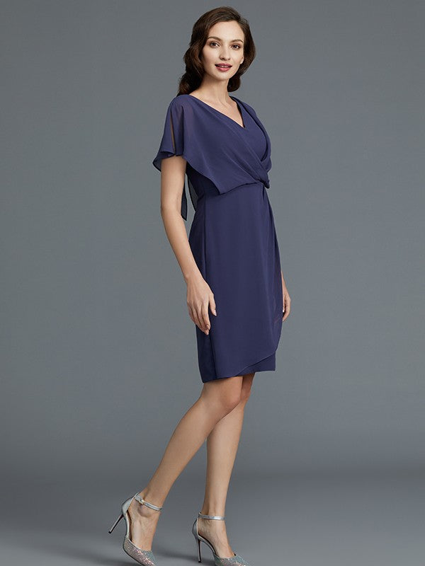 Sheath/Column V-neck Short Sleeves Chiffon Knee-Length Mother of the Bride Dresses