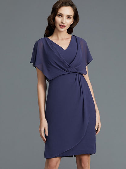 Sheath/Column V-neck Short Sleeves Chiffon Knee-Length Mother of the Bride Dresses