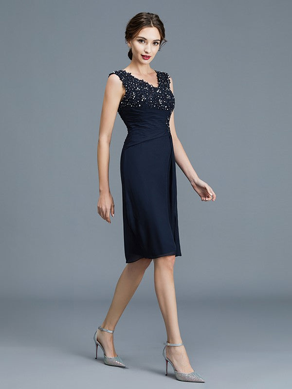 Sheath/Column V-neck Ruffles Chiffon Sleeveless Knee-Length Mother of the Bride Dresses