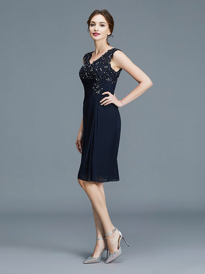 Sheath/Column V-neck Ruffles Chiffon Sleeveless Knee-Length Mother of the Bride Dresses