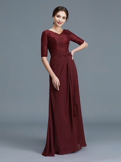 A-Line/Princess V-neck 1/2 Sleeves Ruffles Chiffon Floor-Length Mother of the Bride Dresses