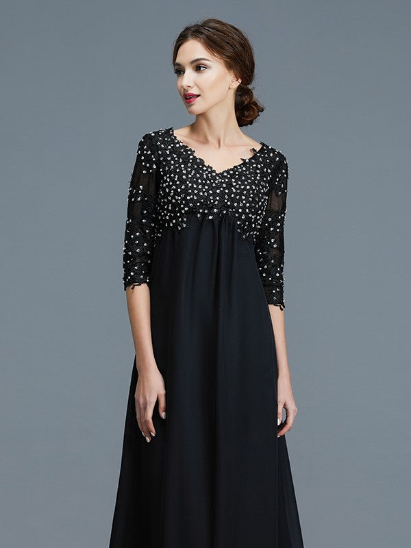 A-Line/Princess V-neck 1/2 Sleeves Beading Chiffon Floor-Length Mother of the Bride Dresses