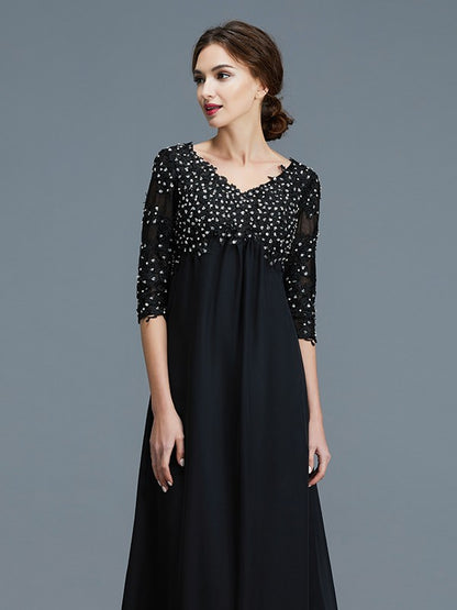 A-Line/Princess V-neck 1/2 Sleeves Beading Chiffon Floor-Length Mother of the Bride Dresses