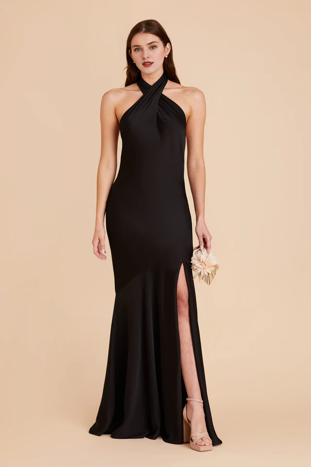 A-line diagonal seam front cross slit hanging neck bridesmaid dress