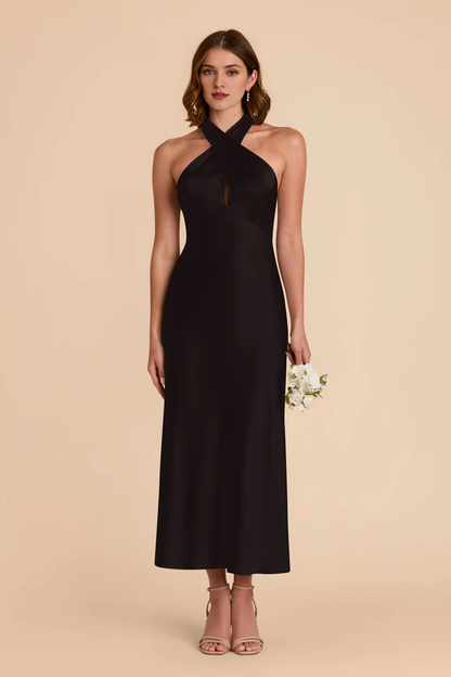 Rear tie neck matte satin and ankle length bridesmaid dress