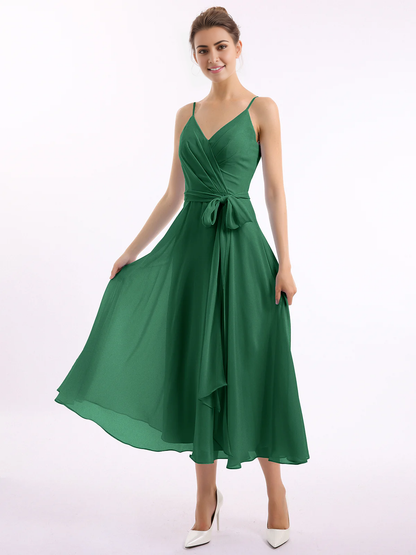 Belt bow thin shoulder strap long dress