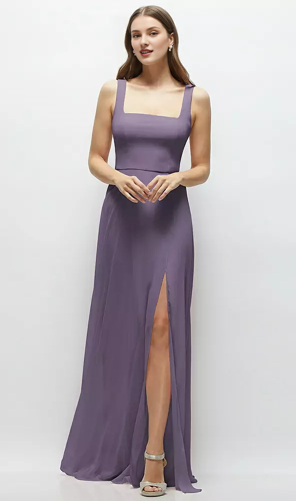 Round skirt square neck chiffon extra long bridesmaid dress