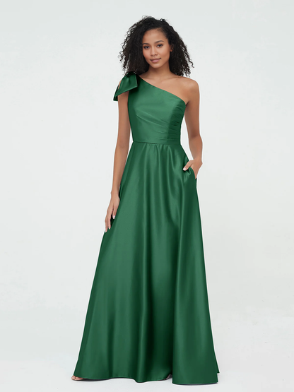 Pocket one shoulder long satin bridesmaid dress