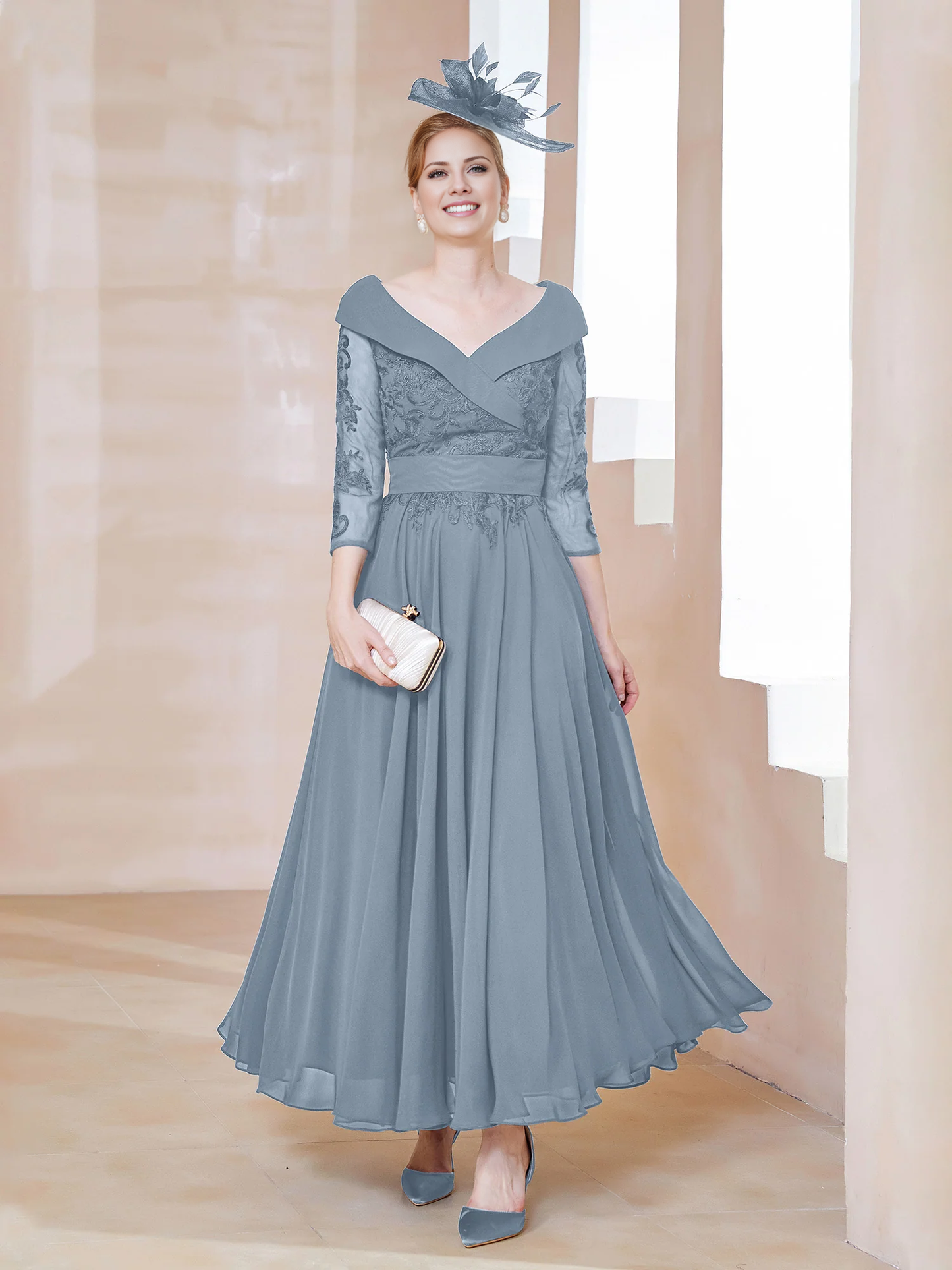 A-shaped V-neck applique chiffon mother of the bride dress