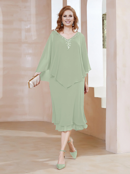 Chiffon V-neck ruffle sleeves mother of the bride dress