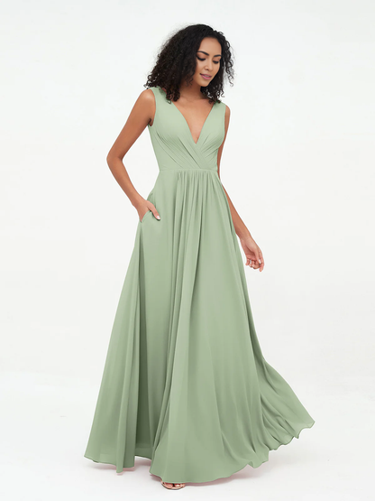 V-neck chiffon long pocket dress