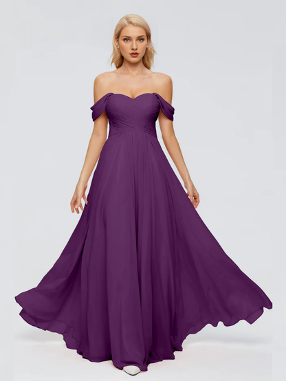 Off shoulder chiffon and floor length bridesmaid dress