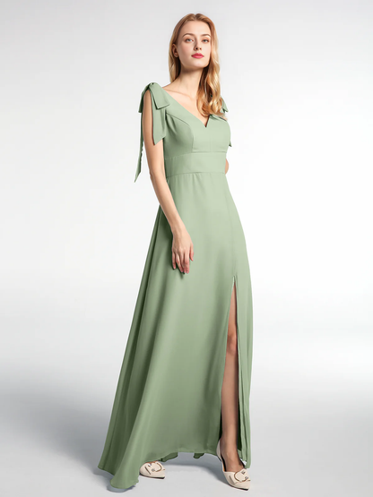 Bow flat ribbon chiffon front slit long skirt