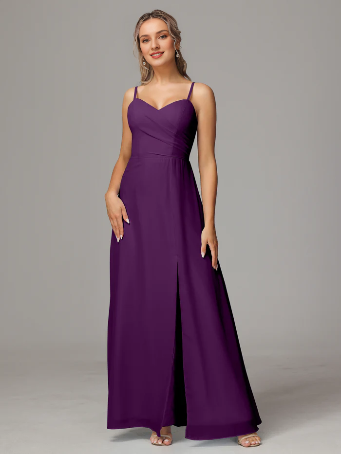 Thin shoulder strap sweetheart chiffon slit bridesmaid dress