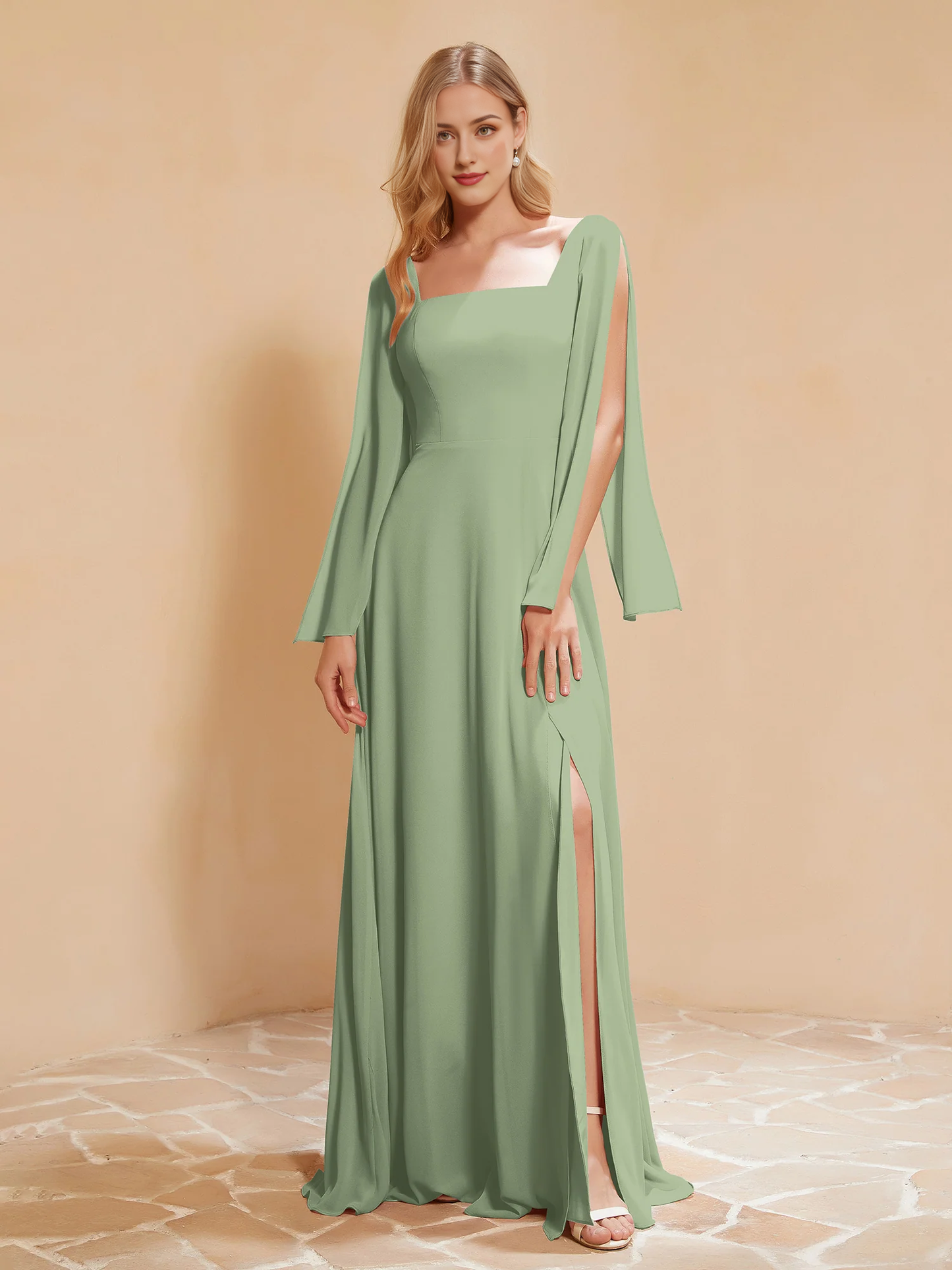 Square neck pleated chiffon and floor dress