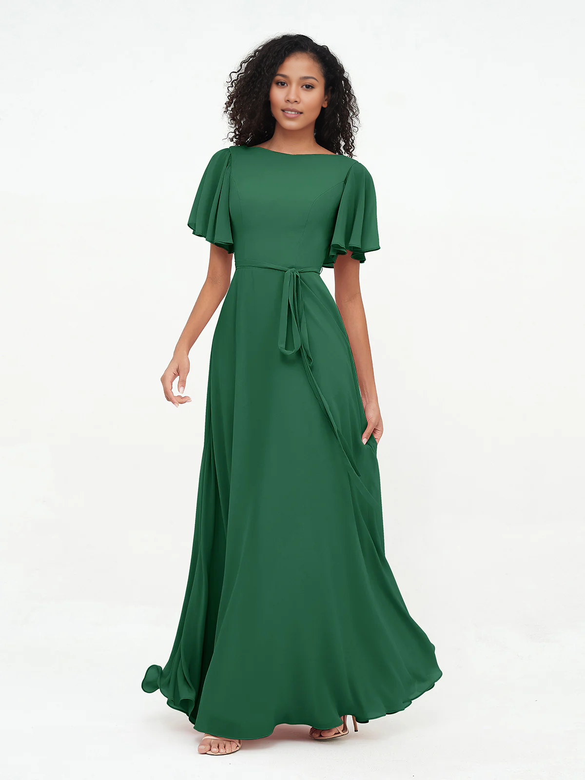 Bow fluttering sleeves chiffon bridesmaid dress