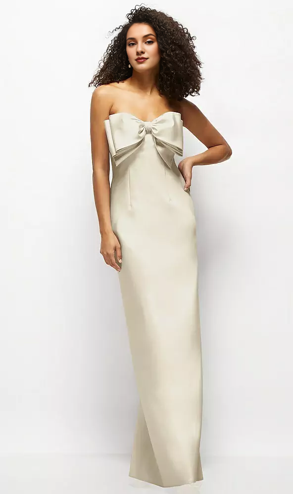 Handmade oversized bow strapless satin long bridesmaid dress