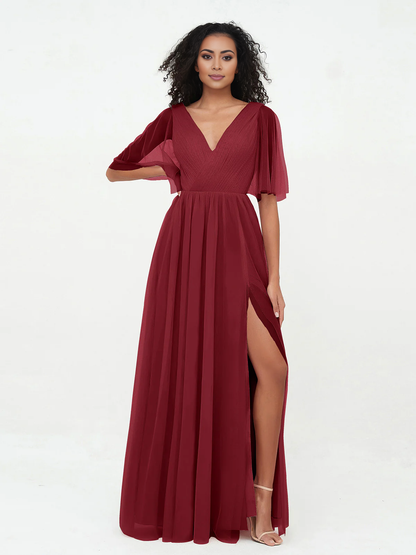 A-line V-neck chiffon Max deep V-back dress