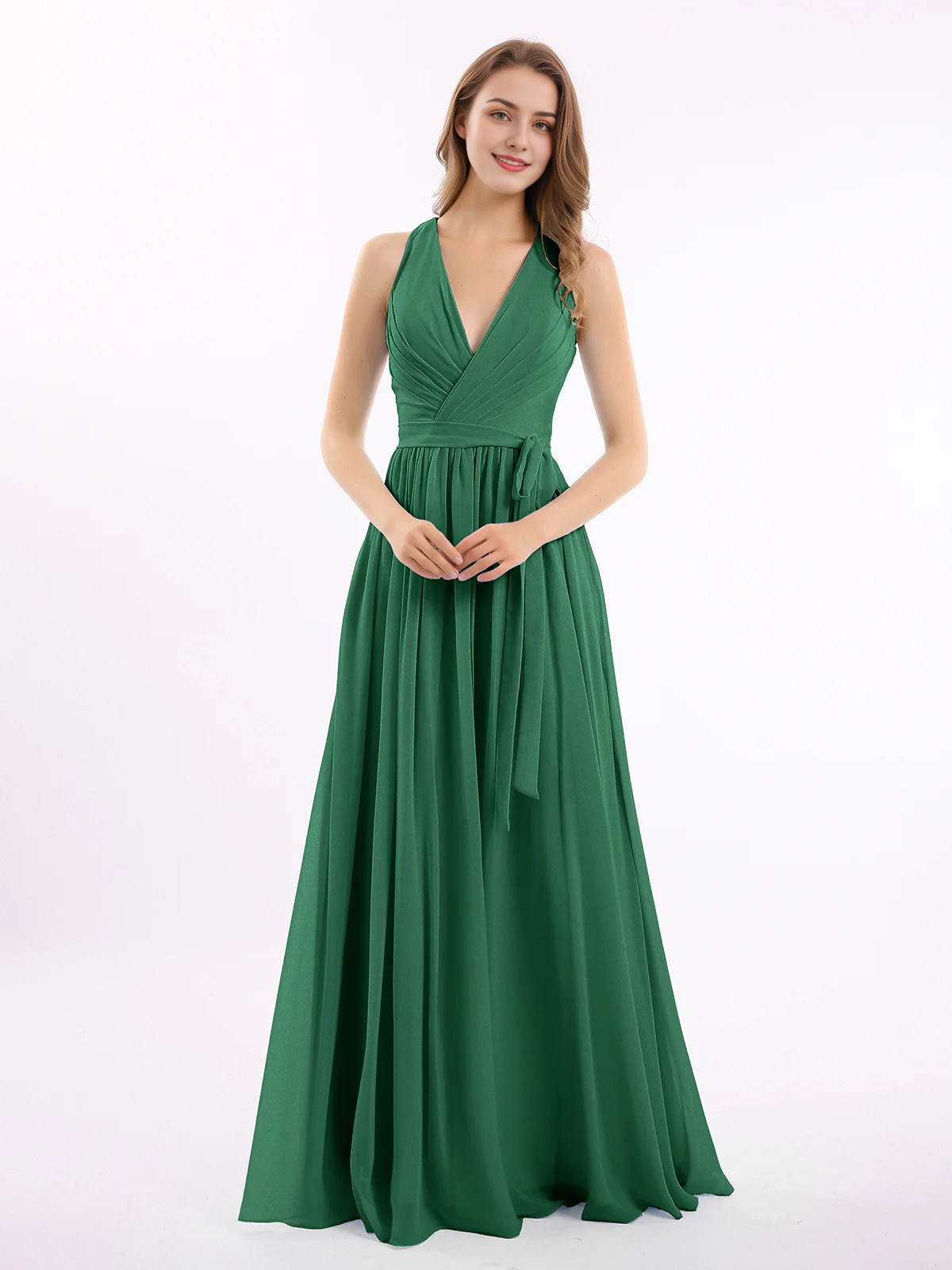 Deep V-neck belt bow chiffon dress