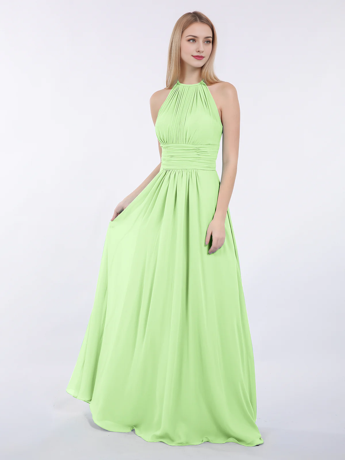 Hanging neck chiffon extra long bridesmaid dress