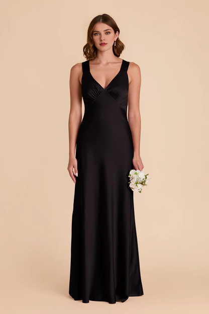 A-line skirt with crossed back and deep V-shaped matte satin bridesmaid dress