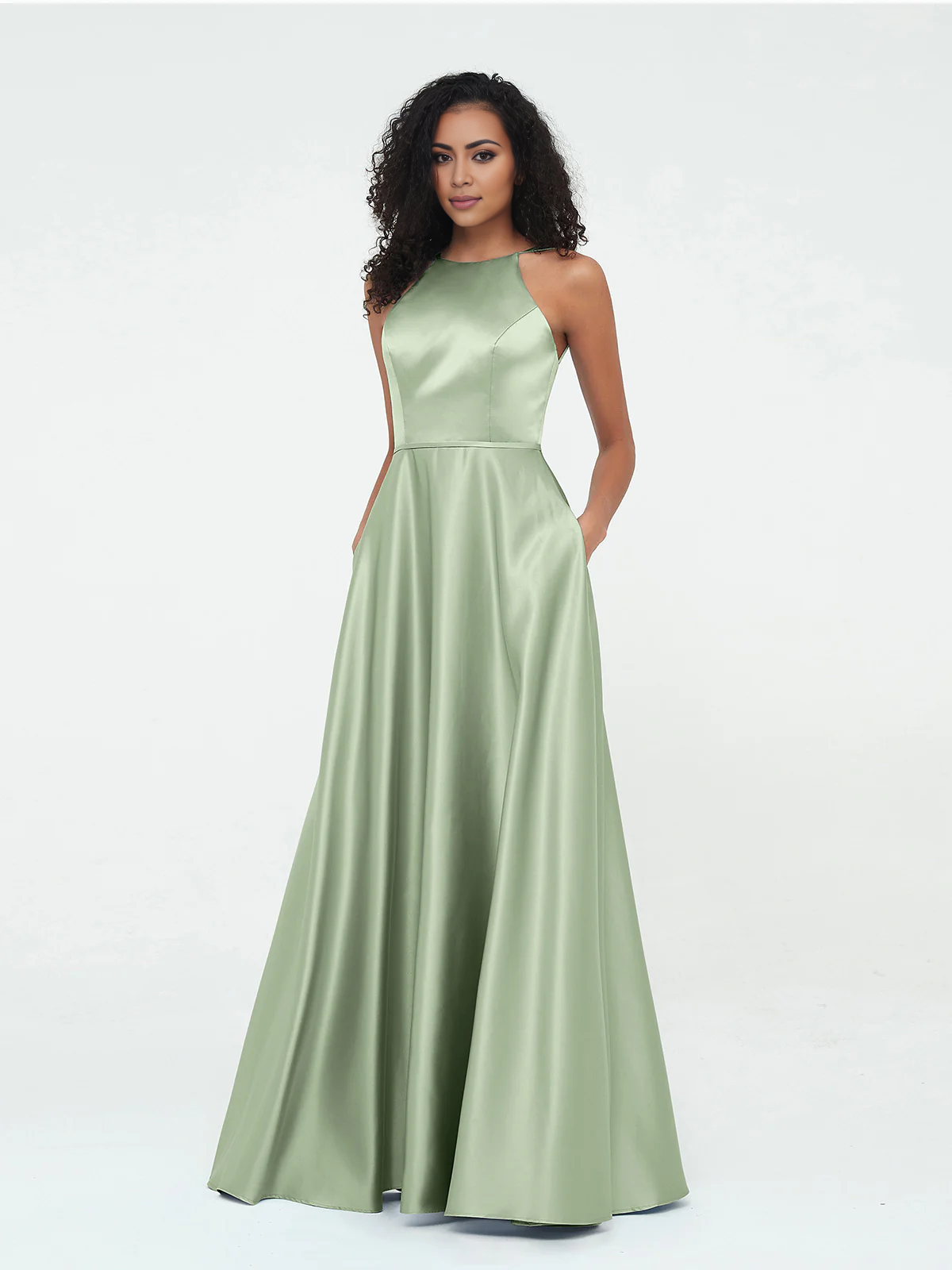 A-line hanging neck large pocket satin dress