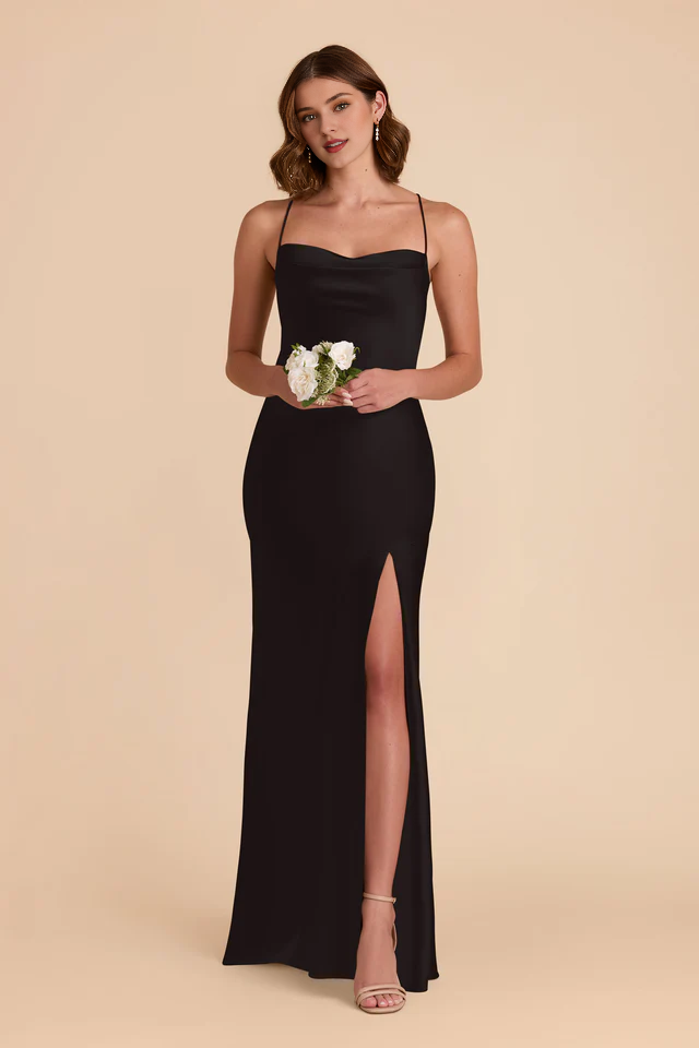 A-line neck hanging thin shoulder strap scarf with slit bridesmaid dress